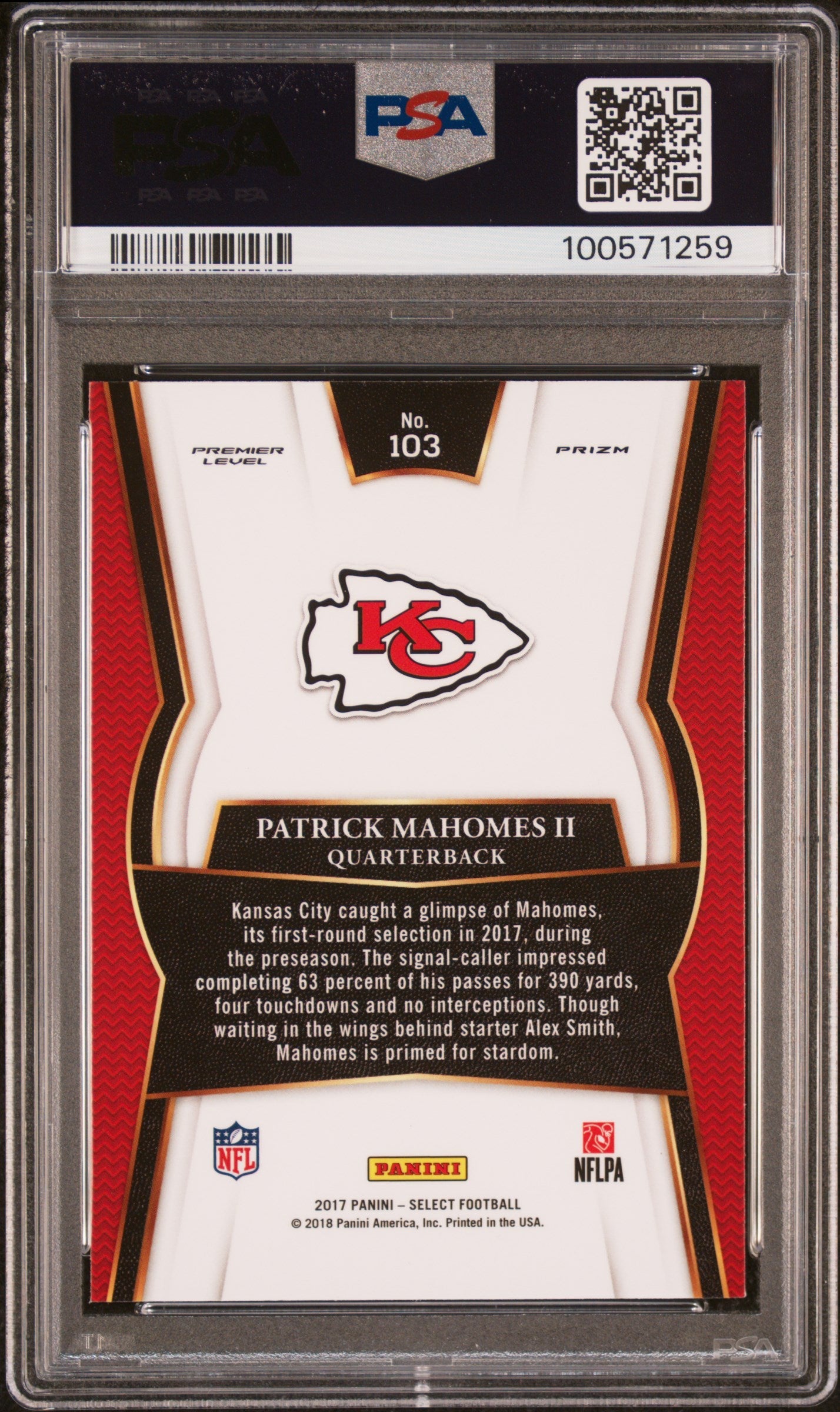 2017 Panini Select Patrick Mahomes II #103 PSA 10 GEM MINT Kansas City Chiefs - Graded Sports Cards