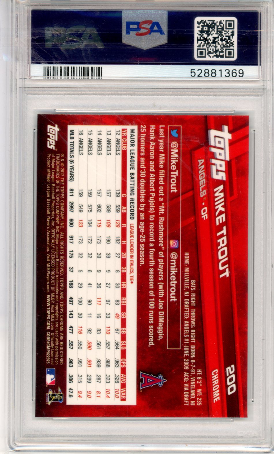 2017 Topps Chrome Mike Trout White Jersey #200 PSA 10 - Graded Sports Cards