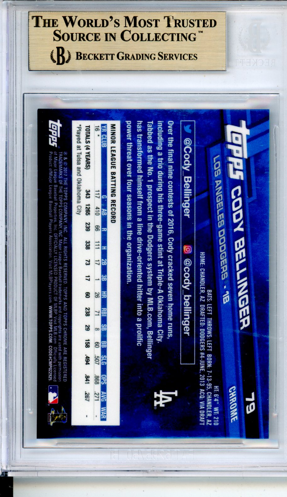 2017 Topps Chrome Negative Refractors Cody Bellinger Rookie #79 BGS 9.5 GEM MINT - Graded Sports Cards