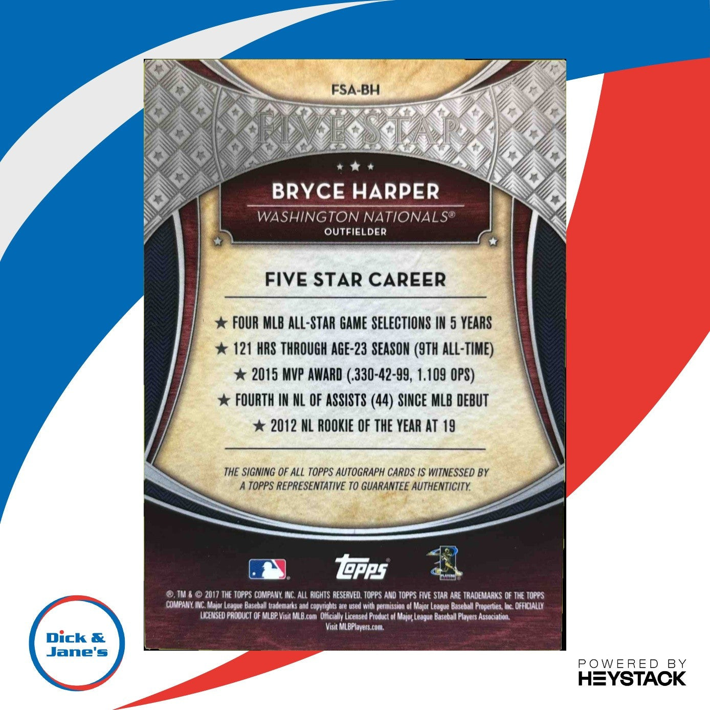 2017 Topps Five Star Bryce Harper Auto Orange 1/5 #FSA-BH Washington Nationals - Sports Cards