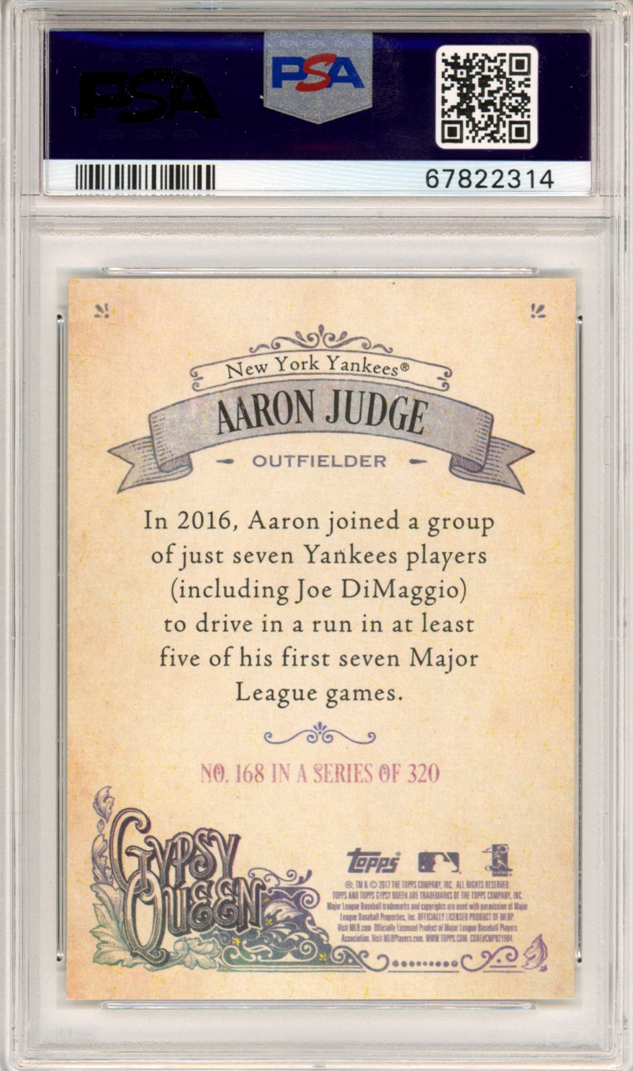 2017 Topps Gypsy Queen Aaron Judge W Cap #168 PSA 10 - Graded Sports Cards