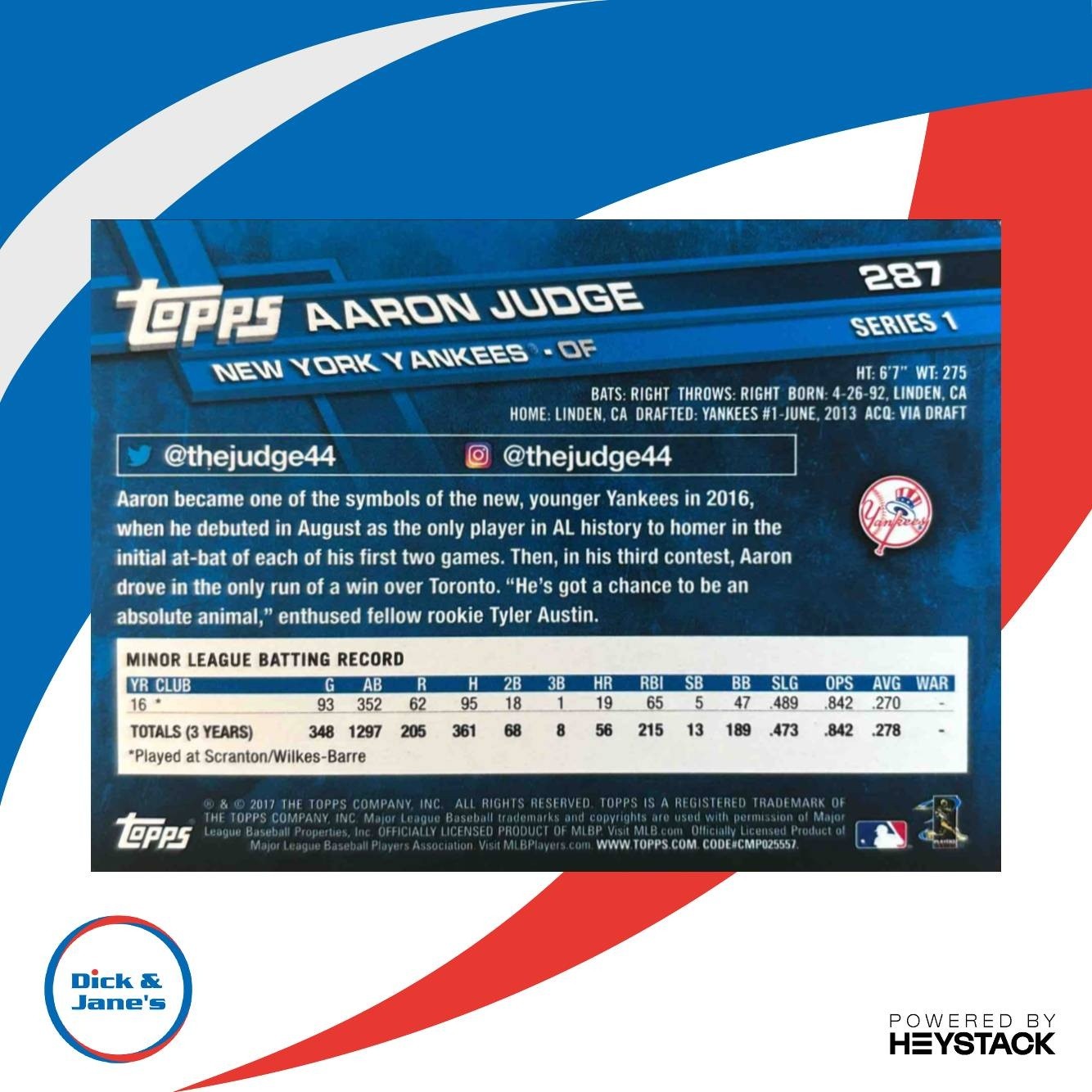 2017 Topps Update Aaron Judge Set Variations #287 RC New York Yankees - Sports Cards