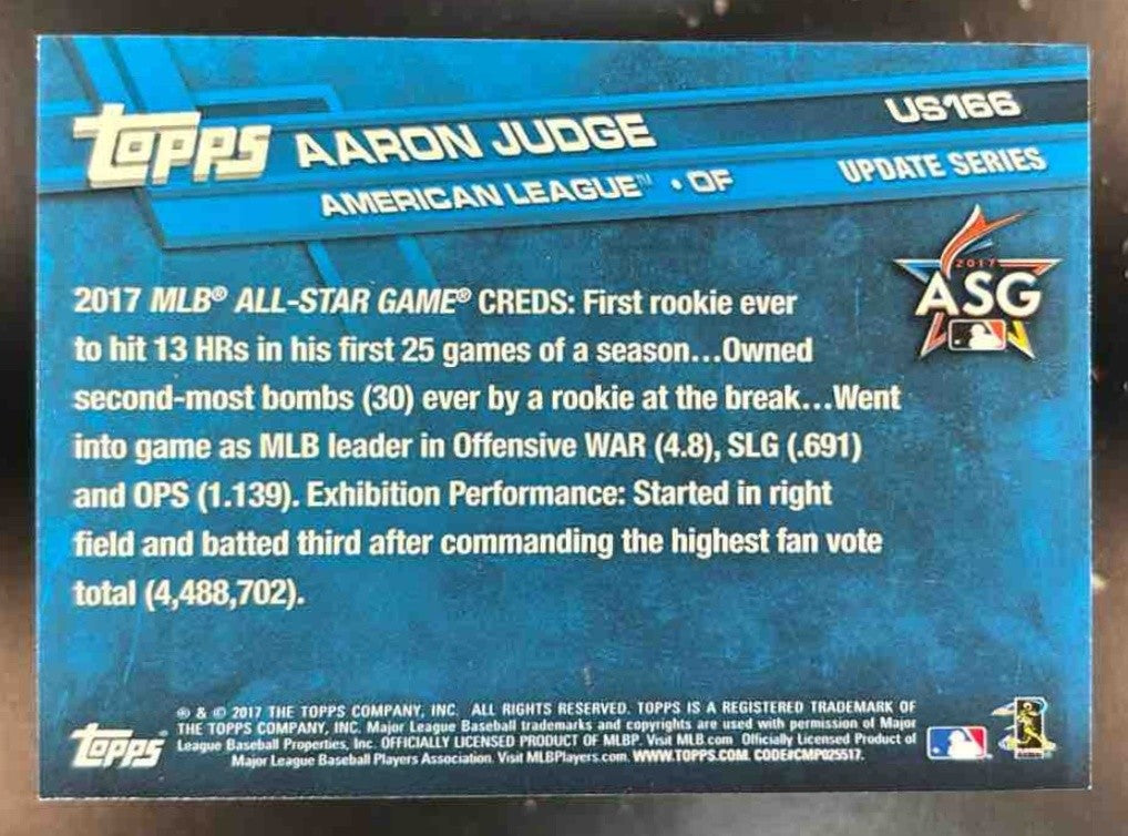 2017 Topps Update Aaron Judge #US166 RC New York Yankees - Sports Cards