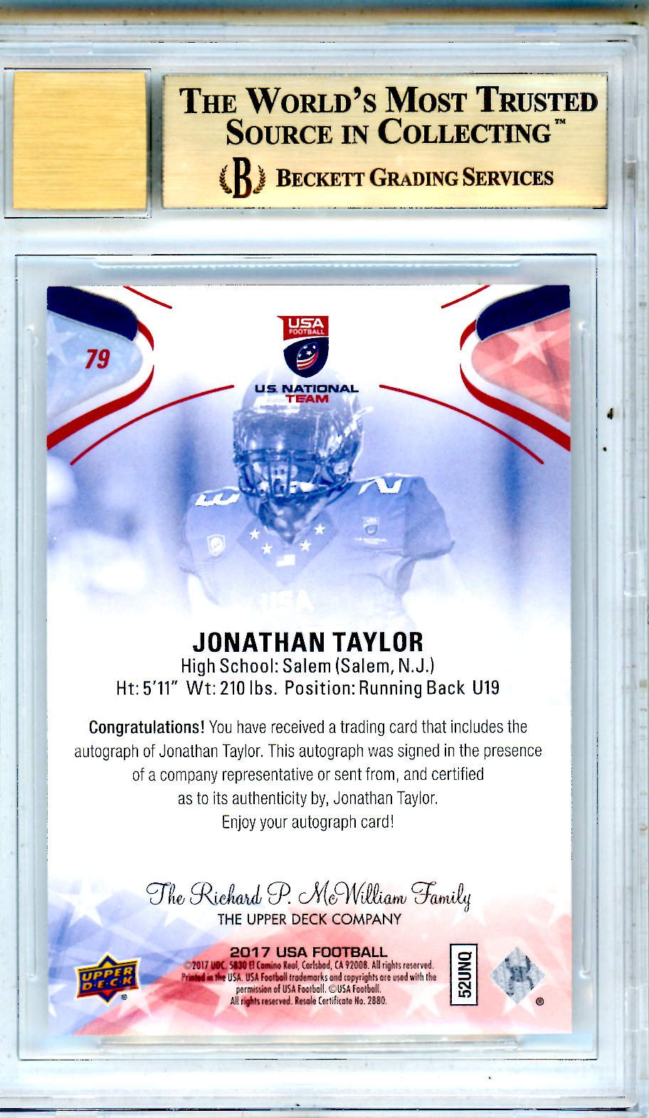 2017 Upper Deck USA Football Autographs Jonathan Taylor Rookie #79 BGS 9.5 AUTO 10 - Graded Sports Cards