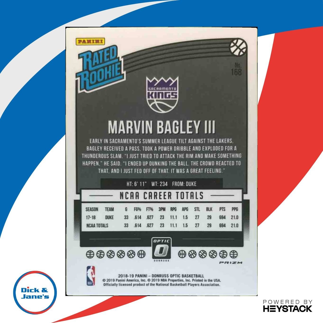 2018-19 Donruss Optic Marvin Bagley III Blue Velocity #168 RC Sacramento Kings - Sports Cards