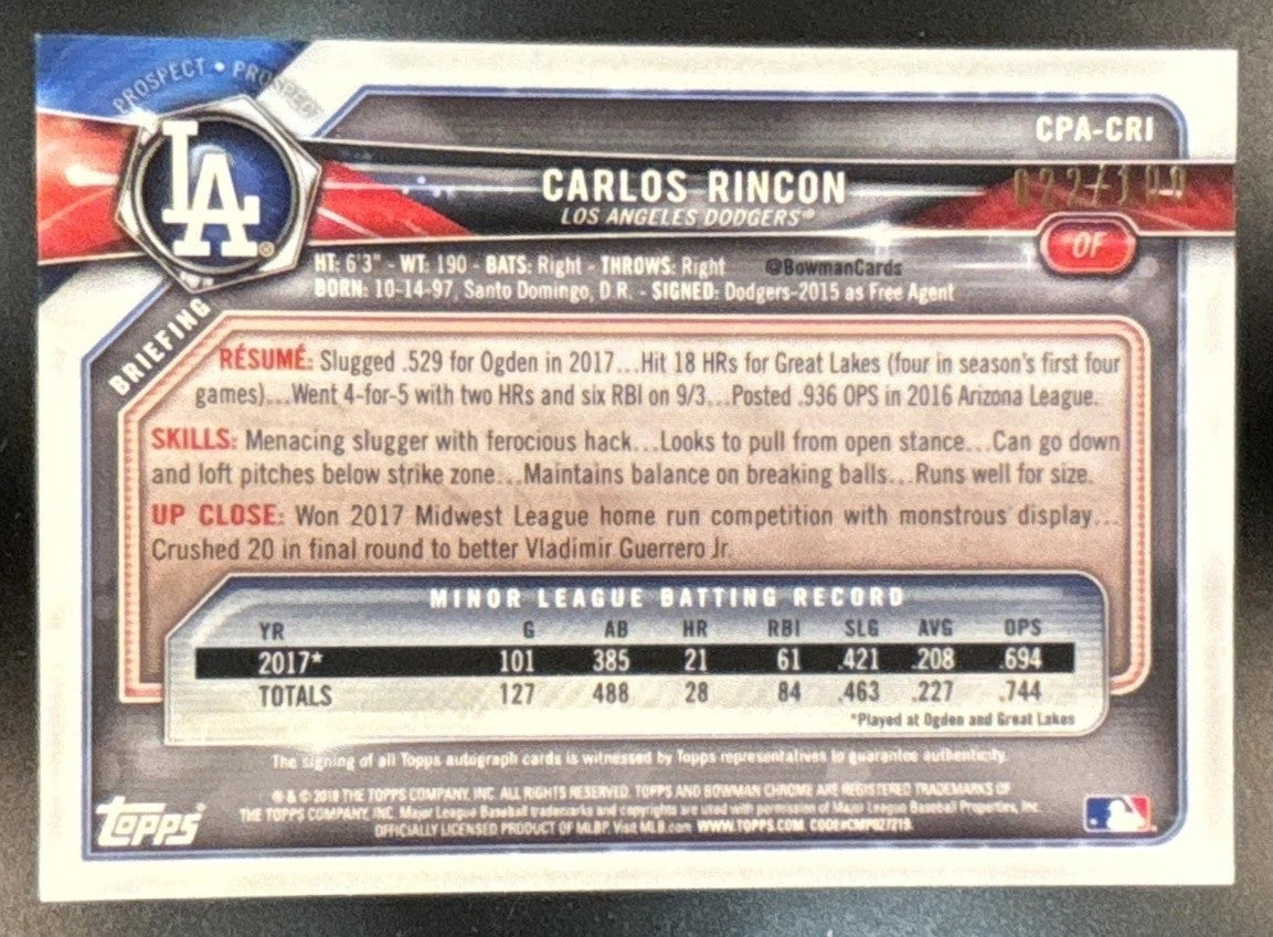 2018 Bowman Chrome Carlos Rincon Prospects Auto Atomic /100 Los Angeles Dodgers - Sports Cards