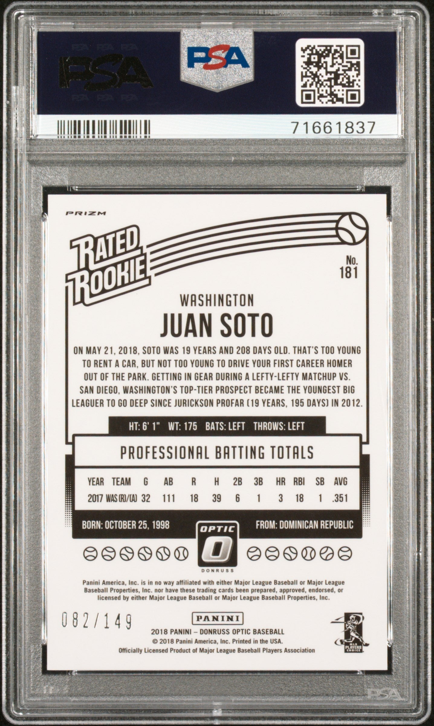 2018 Chronicles Donruss Optic Rated Rookies Juan Soto Blue /149 PSA 10 GEM MINT - Graded Sports Cards