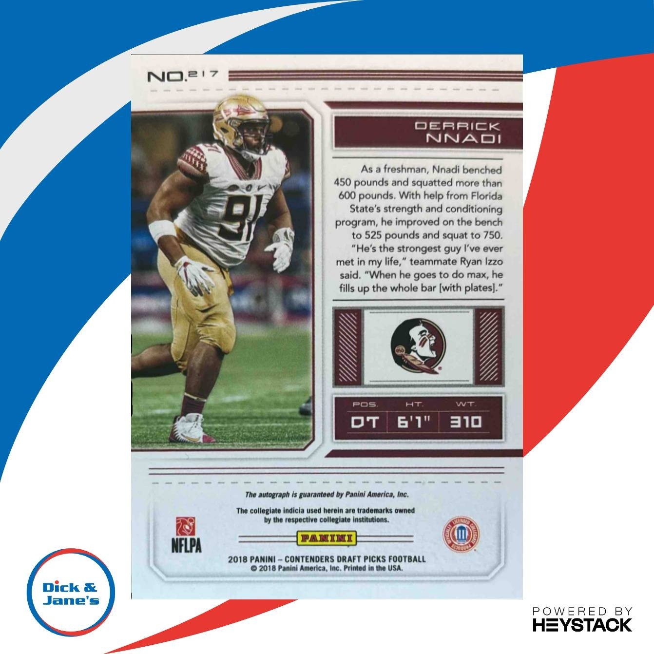 2018 Contenders Draft Picks Derrick Nnadi #217 RC Auto Florida State Seminoles - Sports Cards