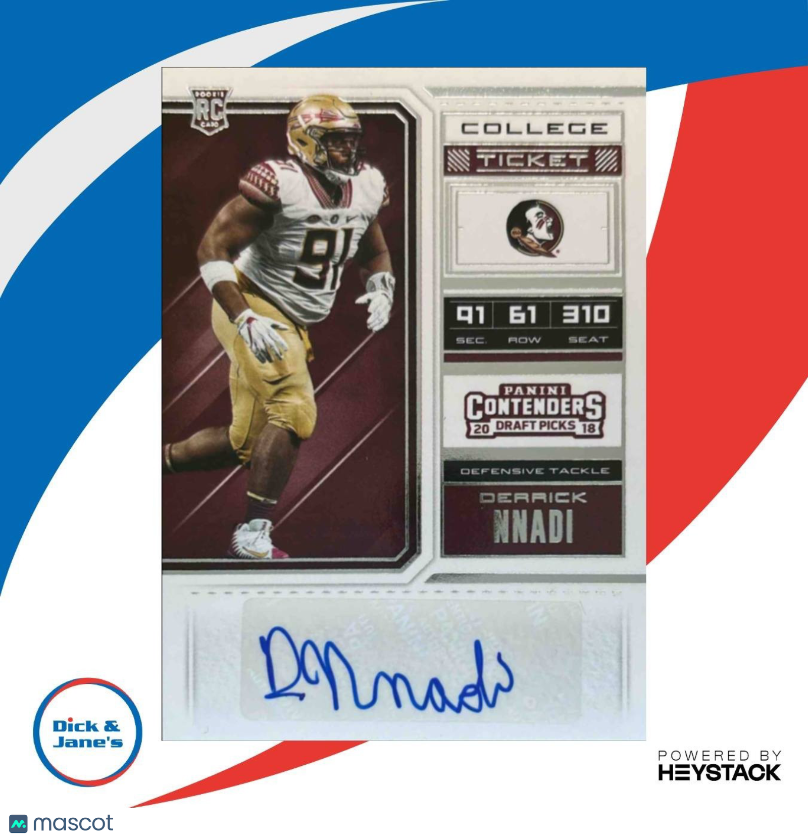 2018 Contenders Draft Picks Derrick Nnadi #217 RC Auto Florida State Seminoles - Sports Cards
