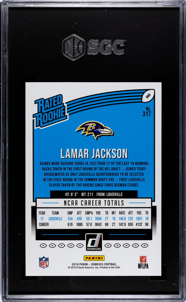 2018 Donruss Lamar Jackson Rookie #317 SGC 10 GEM MINT Baltimore Ravens - Graded Sports Cards