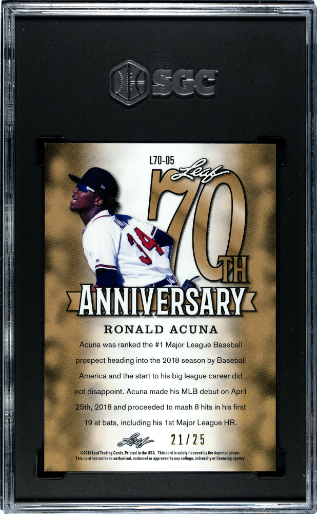 2018 Leaf 70th Anniversary Ronald Acuna JR. Purple 21/25 #L70-05 SGC 10 GEM MINT - Graded Sports Cards