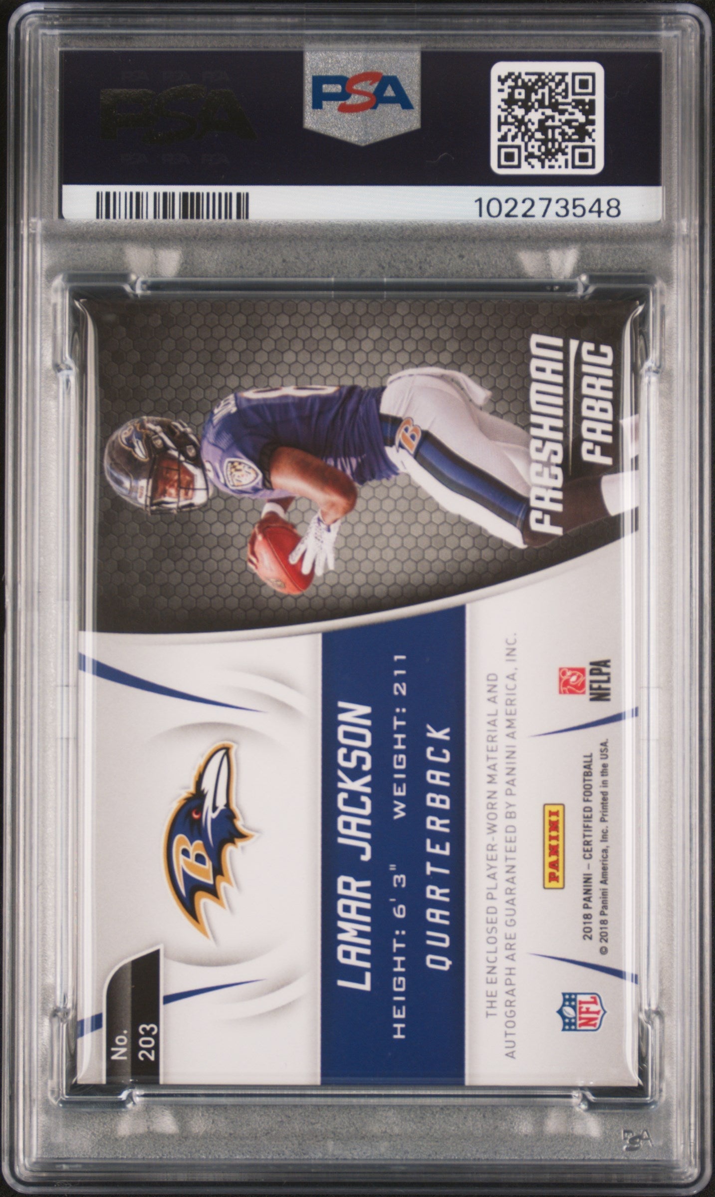 2018 Panini Certified Lamar Jackson Rookie Autograph Jersey 73/99 #203 PSA 8 - Graded Sports Cards