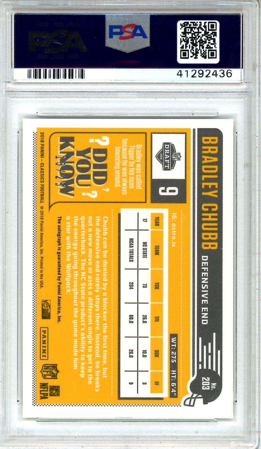 2018 Panini Classics Bradley Chubb Optichr. Prem. SIG Gold /25 PSA 10 GEM MINT - Graded Sports Cards