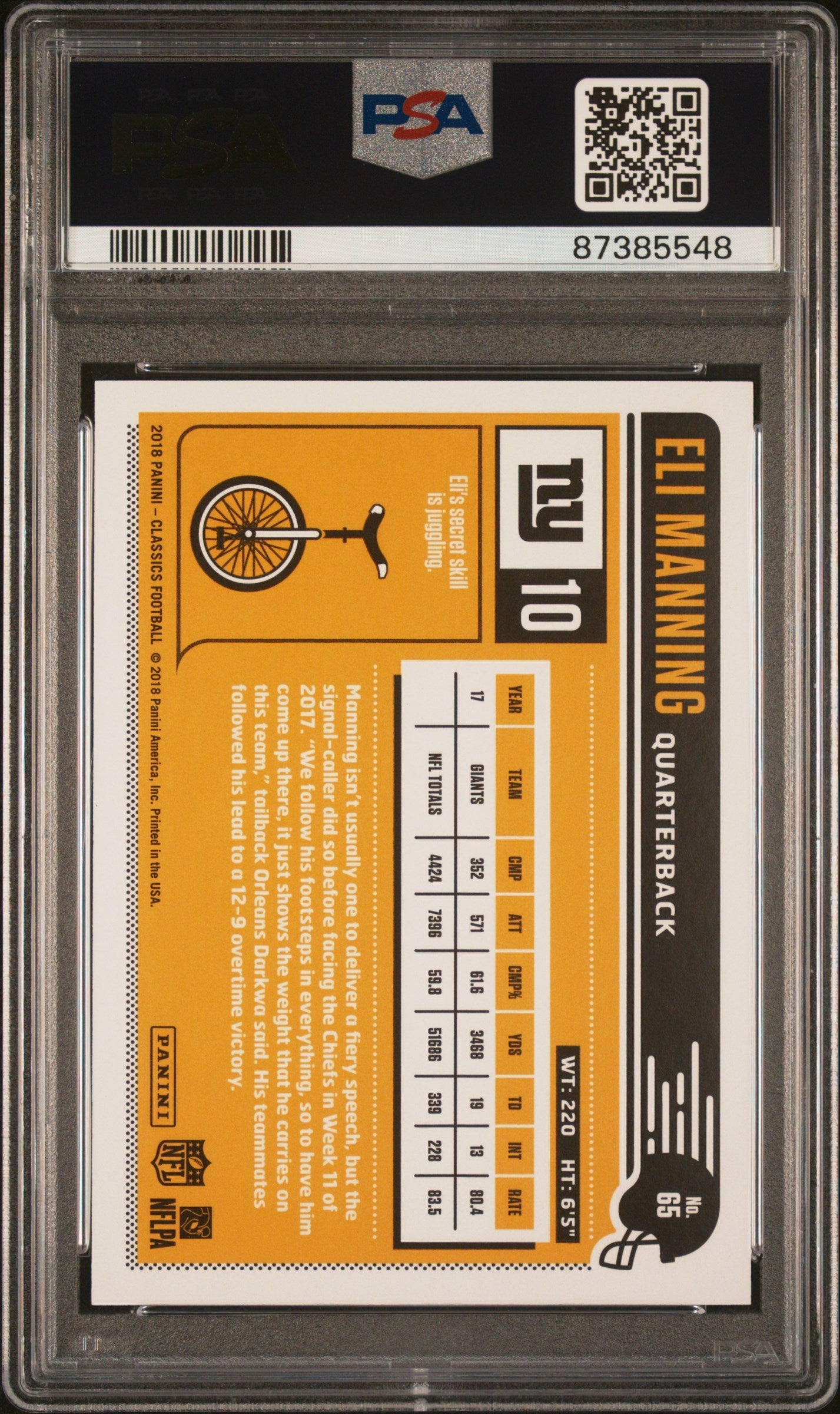 2018 Panini Classics Eli Manning Timeless Tributes Gold #65 PSA 10 - Graded Sports Cards