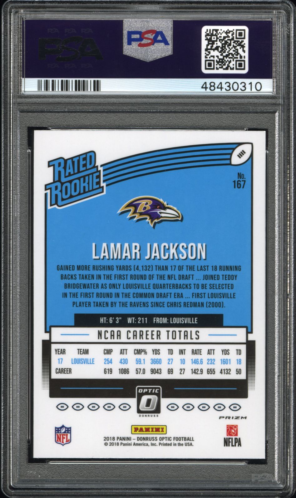 2018 Panini Donruss Optic Lamar Jackson Holo #167 PSA 10 - Graded Sports Cards