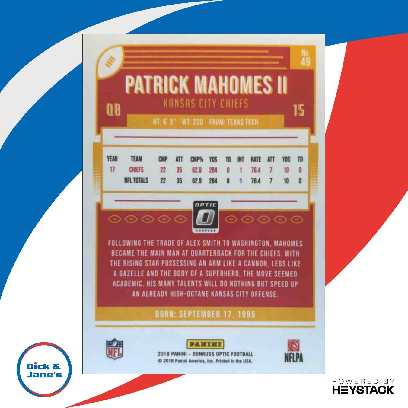 2018 Panini Donruss Optic Patrick Mahomes II #49 Kansas City Chiefs - Sports Cards