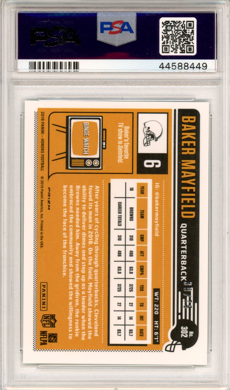 2018 Panini Honors Classics Update Rookies Baker Mayfield Green #302 PSA 10 /75 - Graded Sports Cards