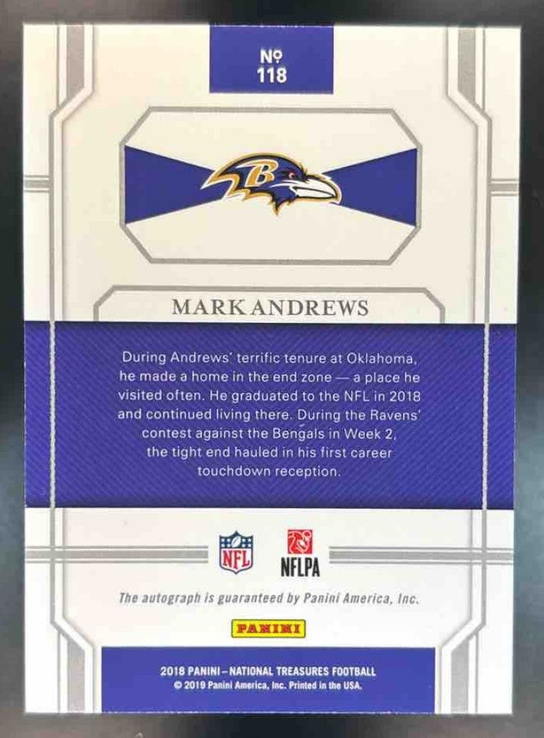 2018 Panini National Treasures Mark Andrews /75 #118 Auto RC Baltimore Ravens - Sports Cards