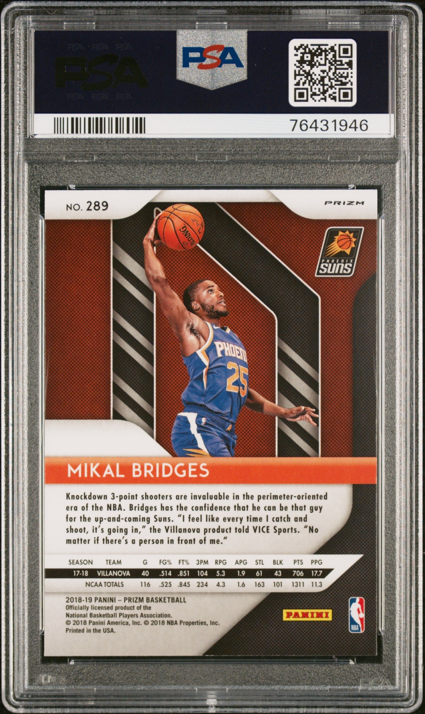 2018 Panini Prizm Mikal Bridges Purple Wave #289 PSA 10 - Graded Sports Cards