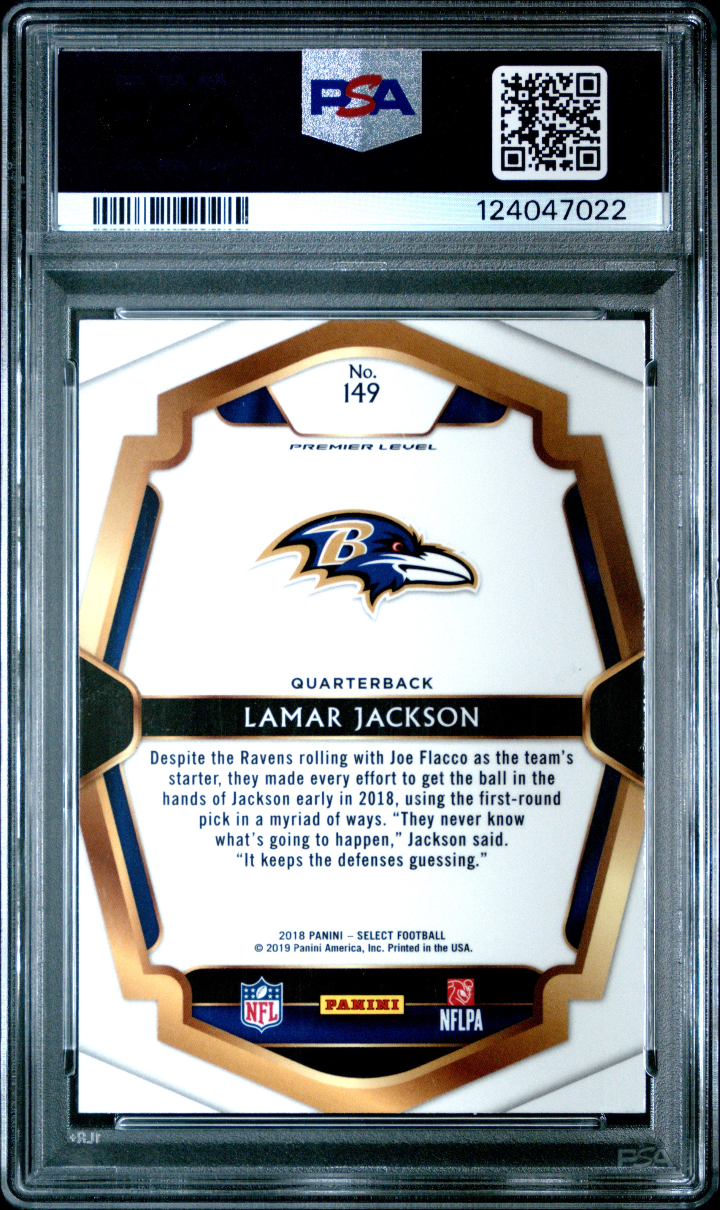 2018 Panini Select Lamar Jackson Rookie #149 PSA 10 GEM MINT Baltimore Ravens - Graded Sports Cards