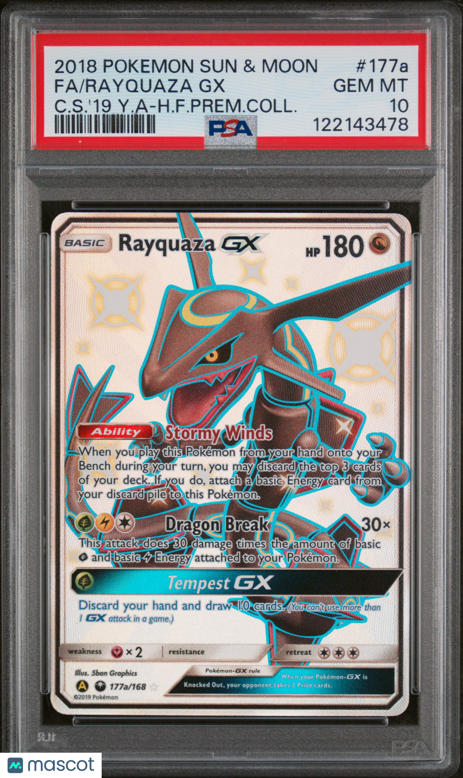 2018 Pokemon Sun & Moon Celestial Storm Rayquaza GX 177a FA Prem Coll PSA 10 - Graded TCG/CCG