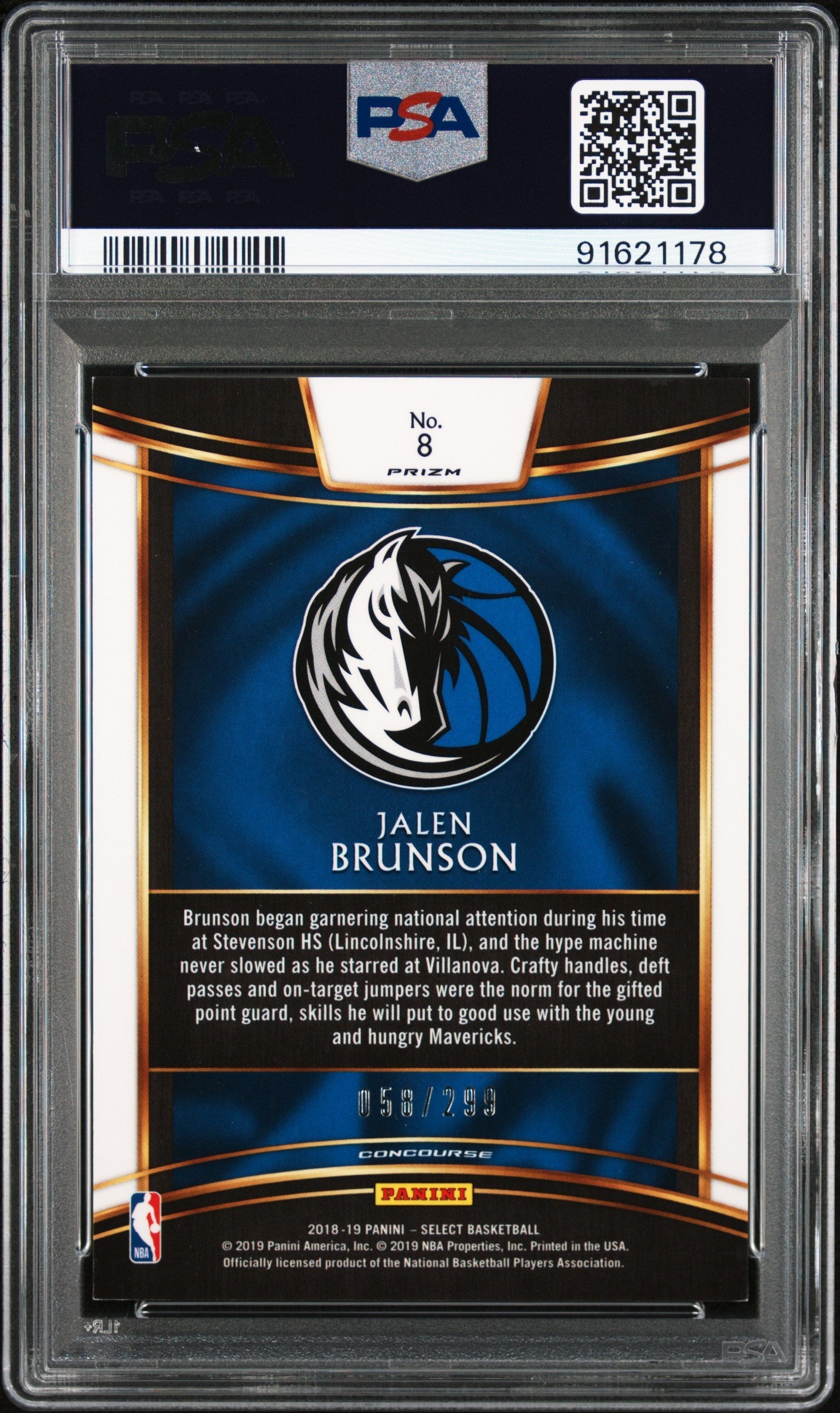 2018 Select Jalen Brunson Light Blue Prizm Rookie /299 #8 PSA 8 Dallas Mavericks - Graded Sports Cards