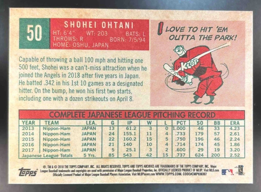 2018 Topps Archives Shohei Ohtani #50 RC Los Angeles Angels - Sports Cards
