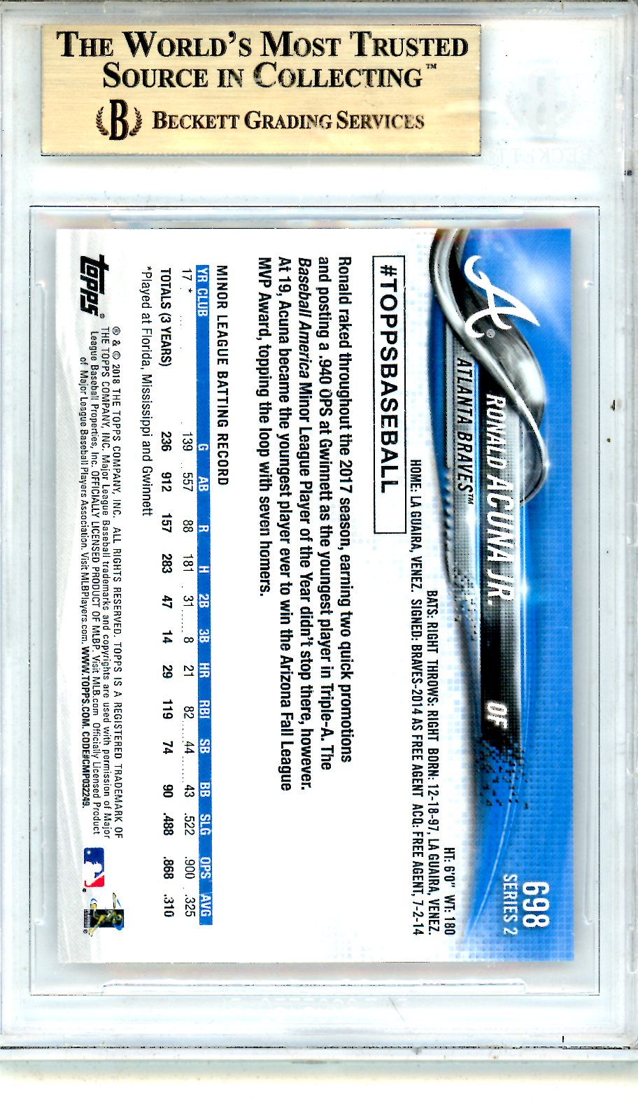 2018 Topps Base Set Photo Variations Bat pointing up Ronald Acuna Jr. BGS 9.5 - Graded Sports Cards
