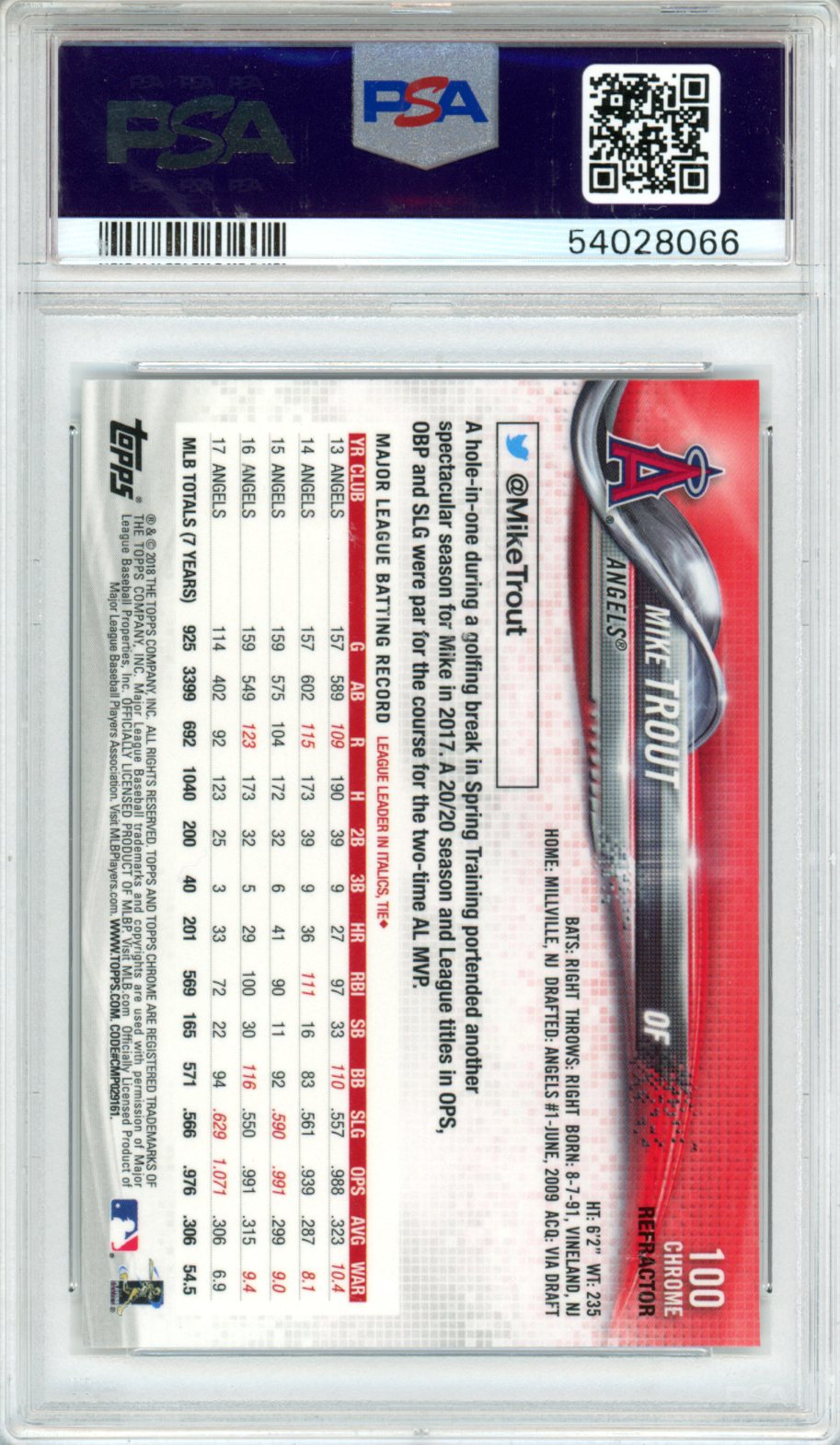 2018 Topps Chrome Mike Trout Refractor #100 PSA 10 - Graded Sports Cards