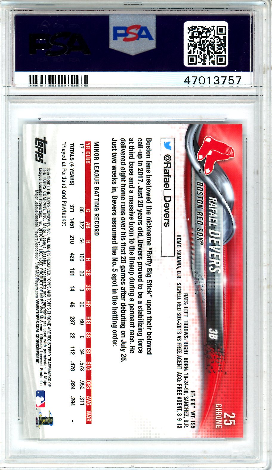 2018 Topps Chrome Rafael Devers Batting Rookie #25 PSA 10 GEM MINT Red Sox - Graded Sports Cards
