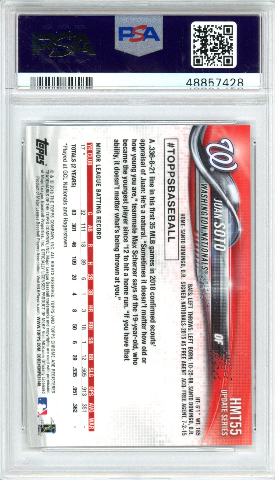 2018 Topps Chrome Update Juan Soto #HMT55 PSA 10 - Graded Sports Cards