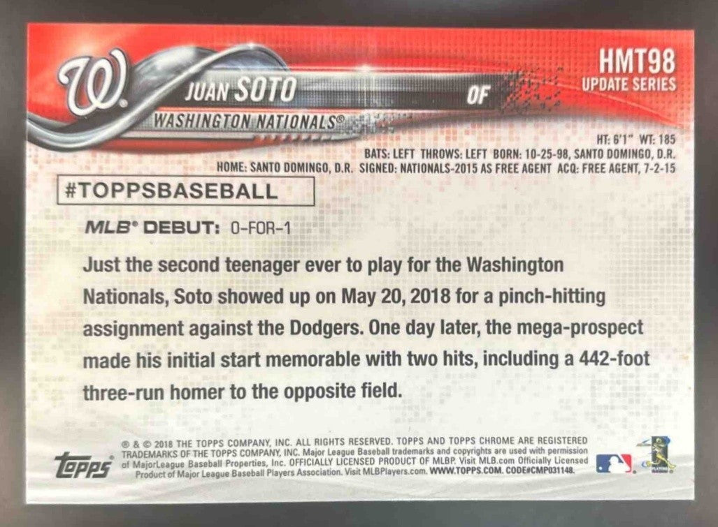 2018 Topps Chrome Update Juan Soto #HMT98 RC Washington Nationals - Sports Cards