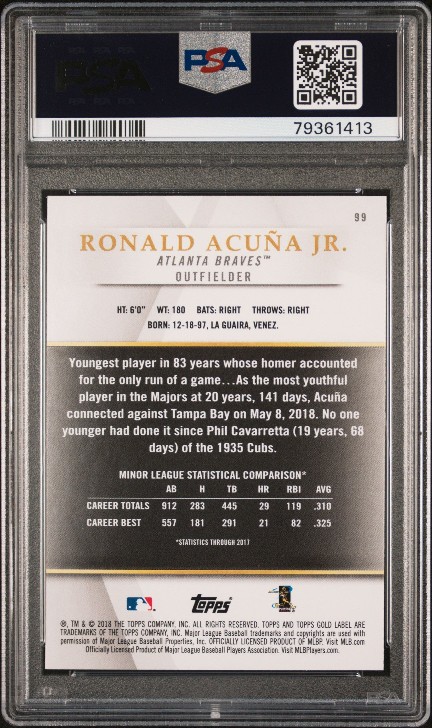 2018 Topps Gold Label Ronald Acuna JR. Class 3 Rookie #99 PSA 9 MINT Braves - Graded Sports Cards