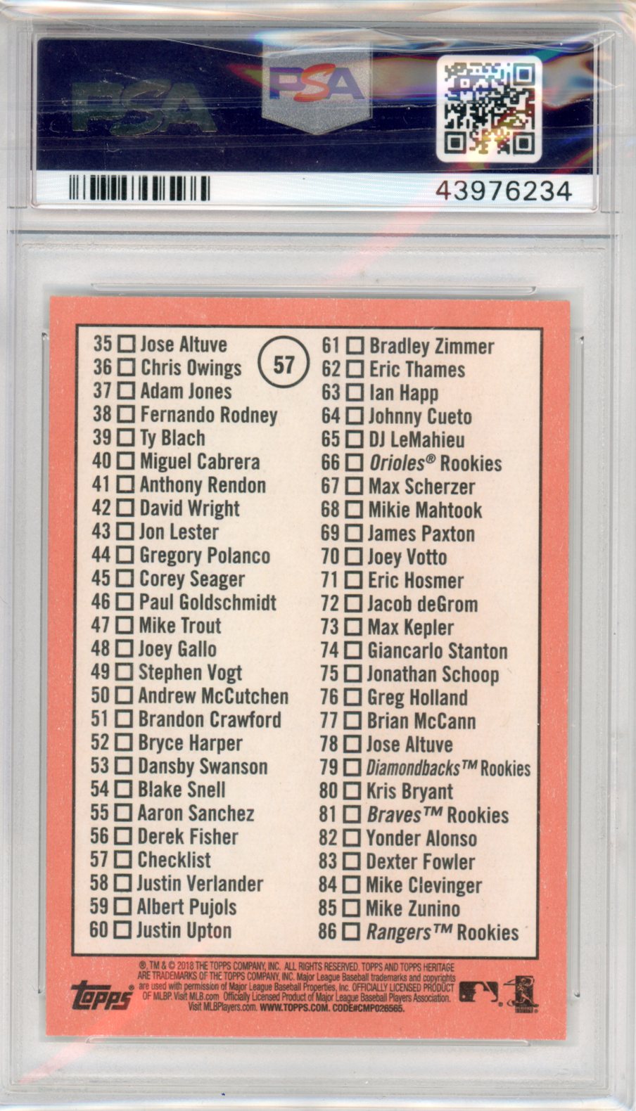 2018 Topps Heritage Mike Trout Check List #57 PSA 10 - Graded Sports Cards