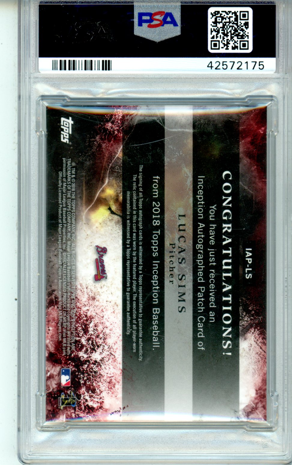 2018 Topps Inception Autograph Patch Lucas Sims /299 #IAPLS PSA 9 - Graded Sports Cards