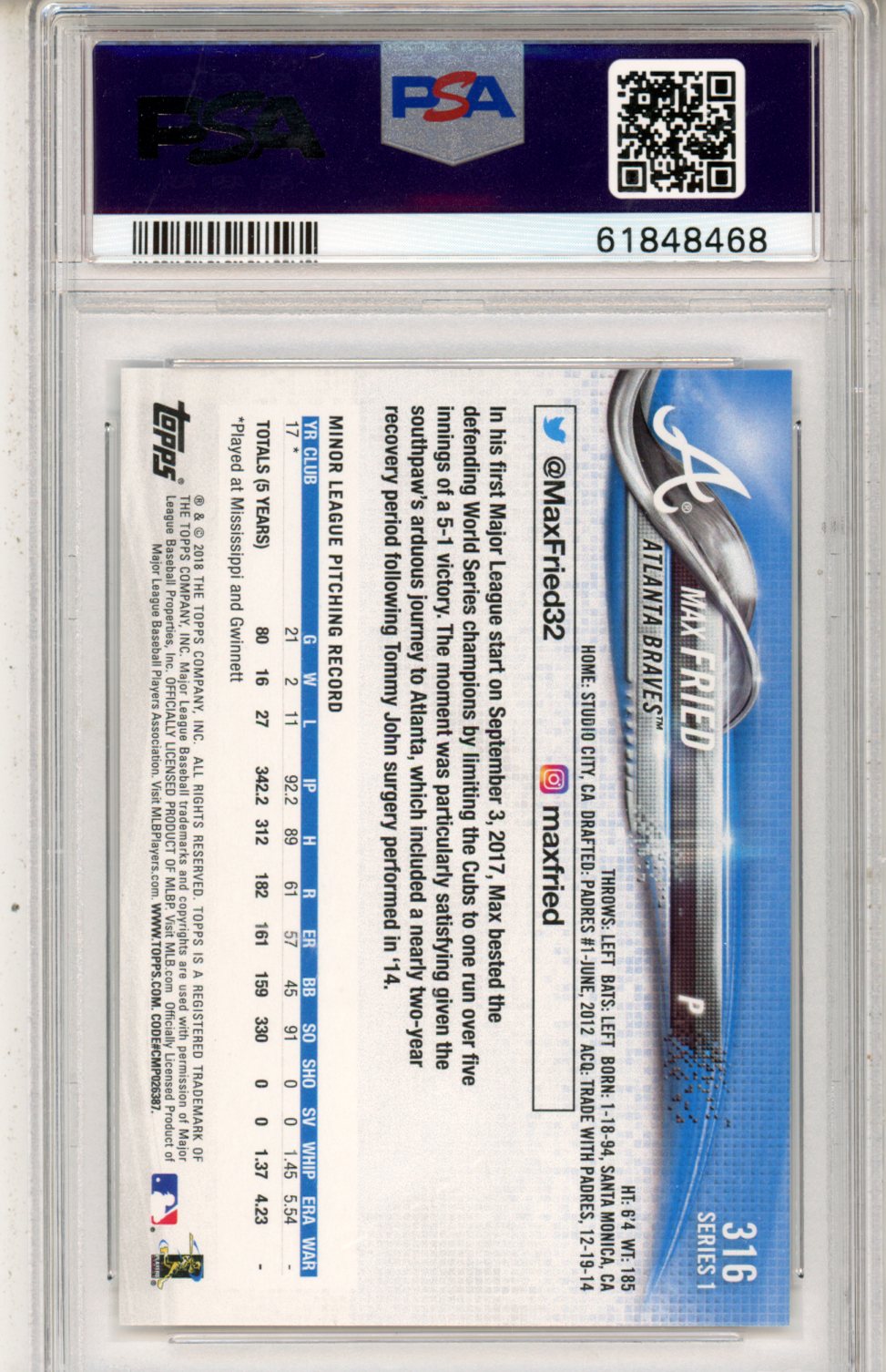 2018 Topps Max Fried #316 PSA 9 - Graded Sports Cards