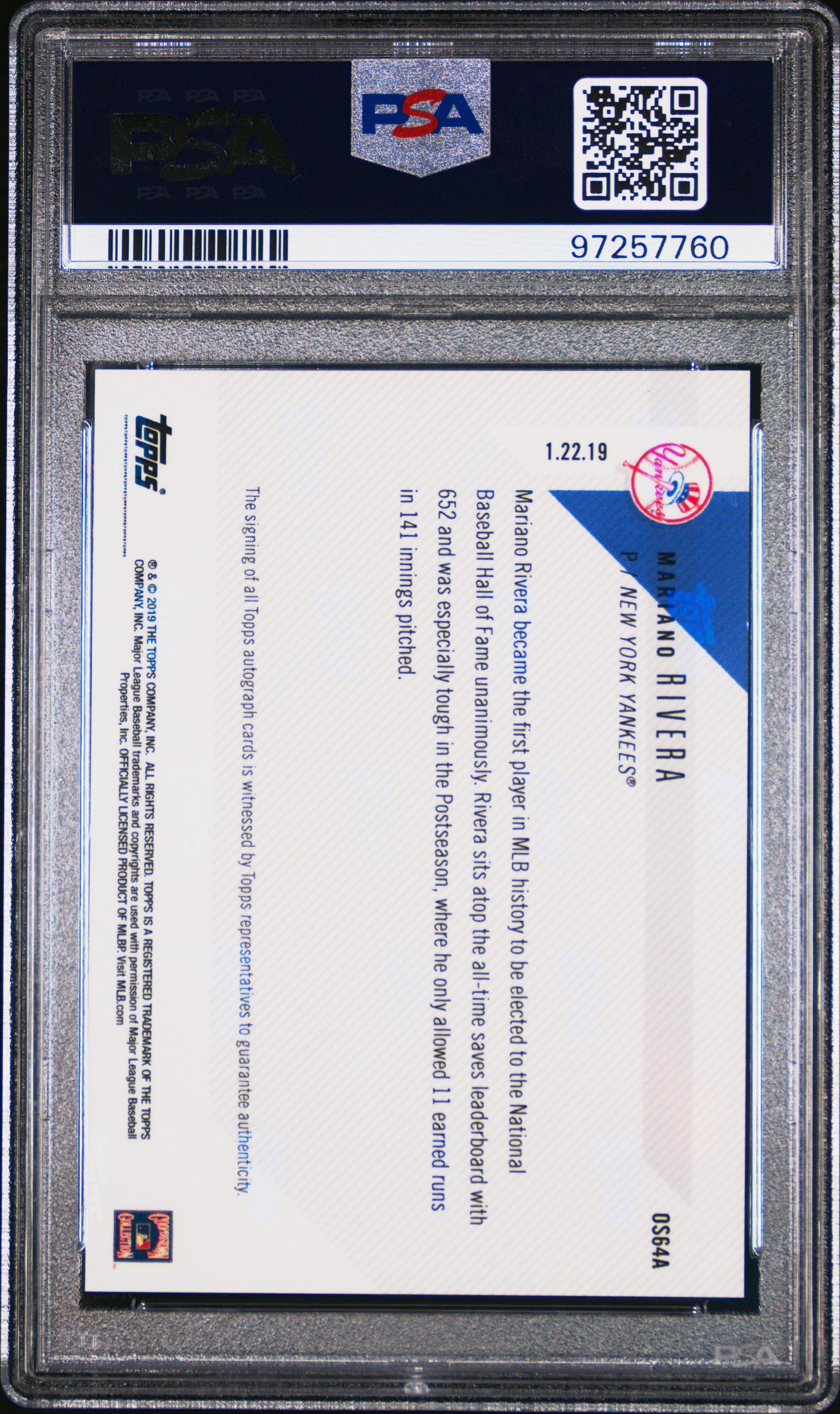 2018 Topps Now Off-Season Mariano Rivera Autograph 30/99 #OS64A PSA 9 - Graded Sports Cards