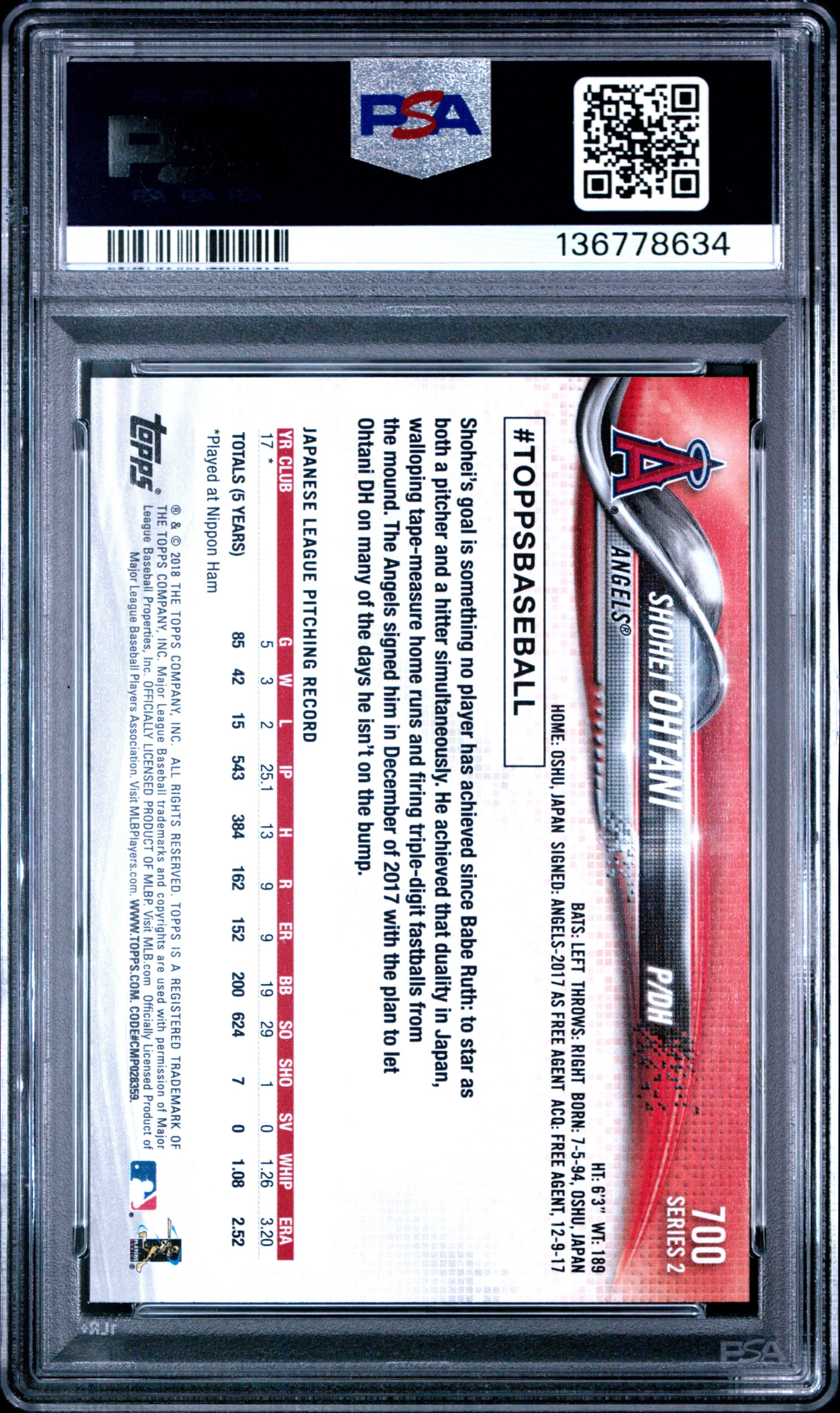 2018 Topps Shohei Ohtani Pitching Rookie #700 PSA 8 Los Angeles Angels - Graded Sports Cards