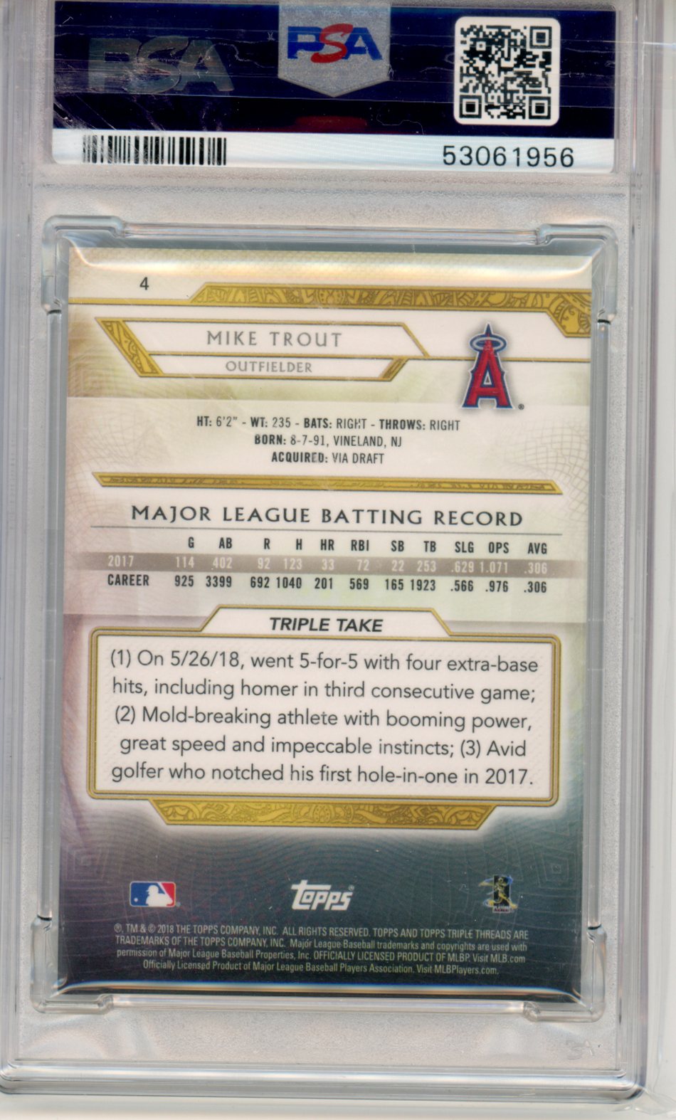 2018 Topps Triple Threads Mike Trout Emerald #4 PSA 8.5 - Graded Sports Cards