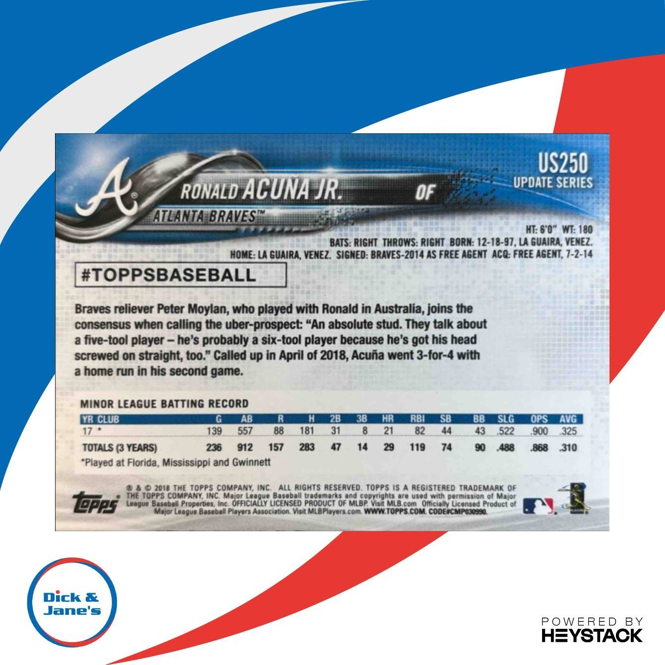 2018 Topps Update Ronald Acuna Jr. #US250a RC Atlanta Braves - Sports Cards