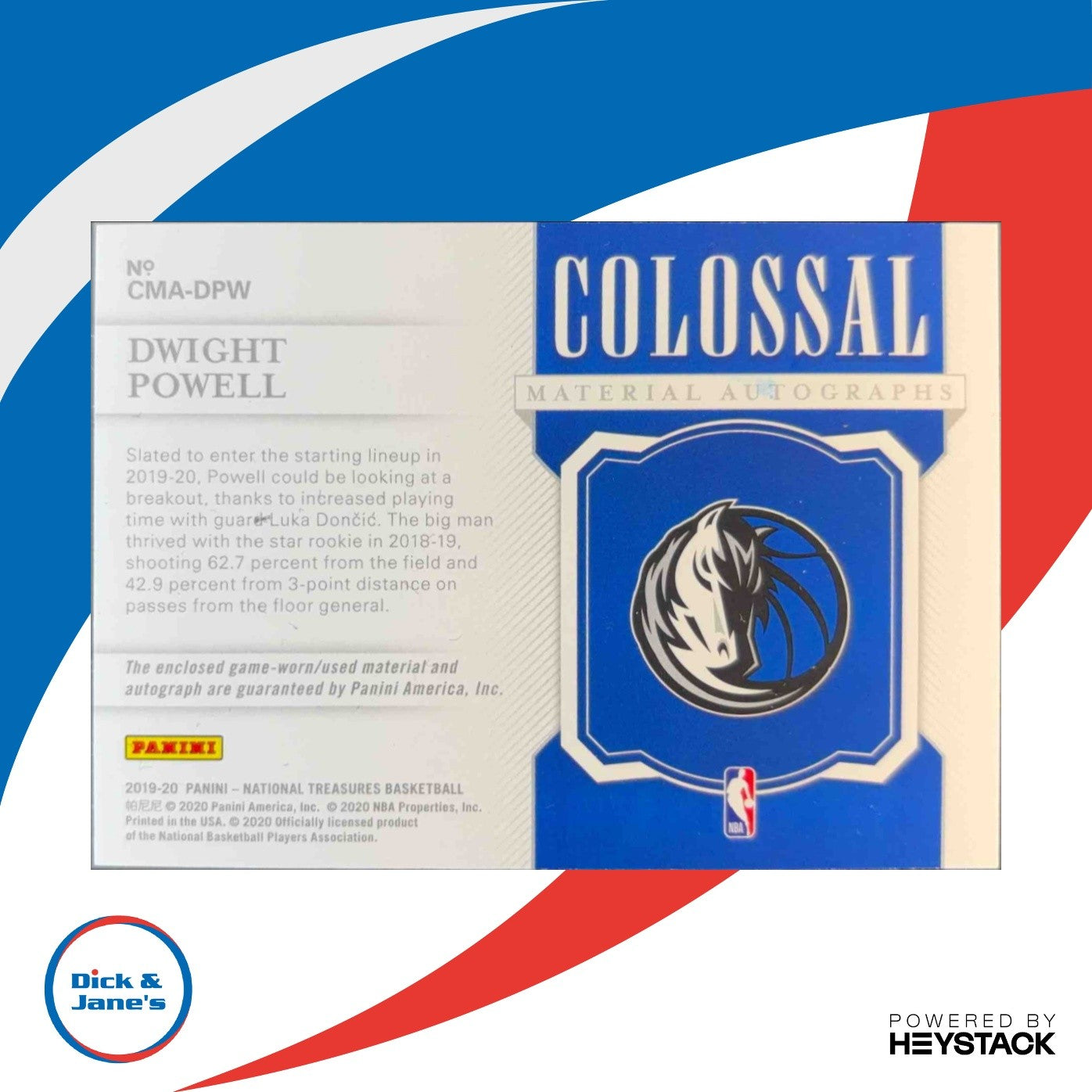 2019-20 National Treasures Dwight Powell Colossal Material Auto 88/99 Mavericks - Sports Cards