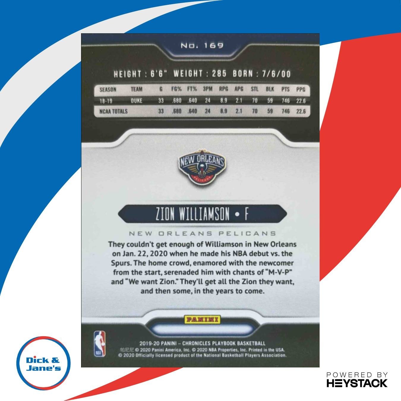 2019-20 Panini Chronicles Zion Williamson #169 Playbook RC New Orleans Pelicans - Sports Cards