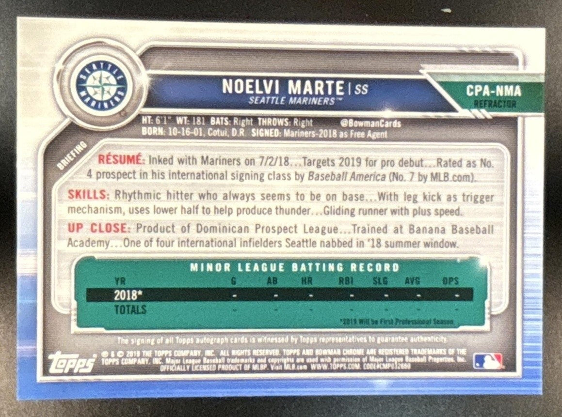 2019 Bowman Chrome Noelvi Marte Prospects Auto Refractor /499 Seattle Mariners - Sports Cards