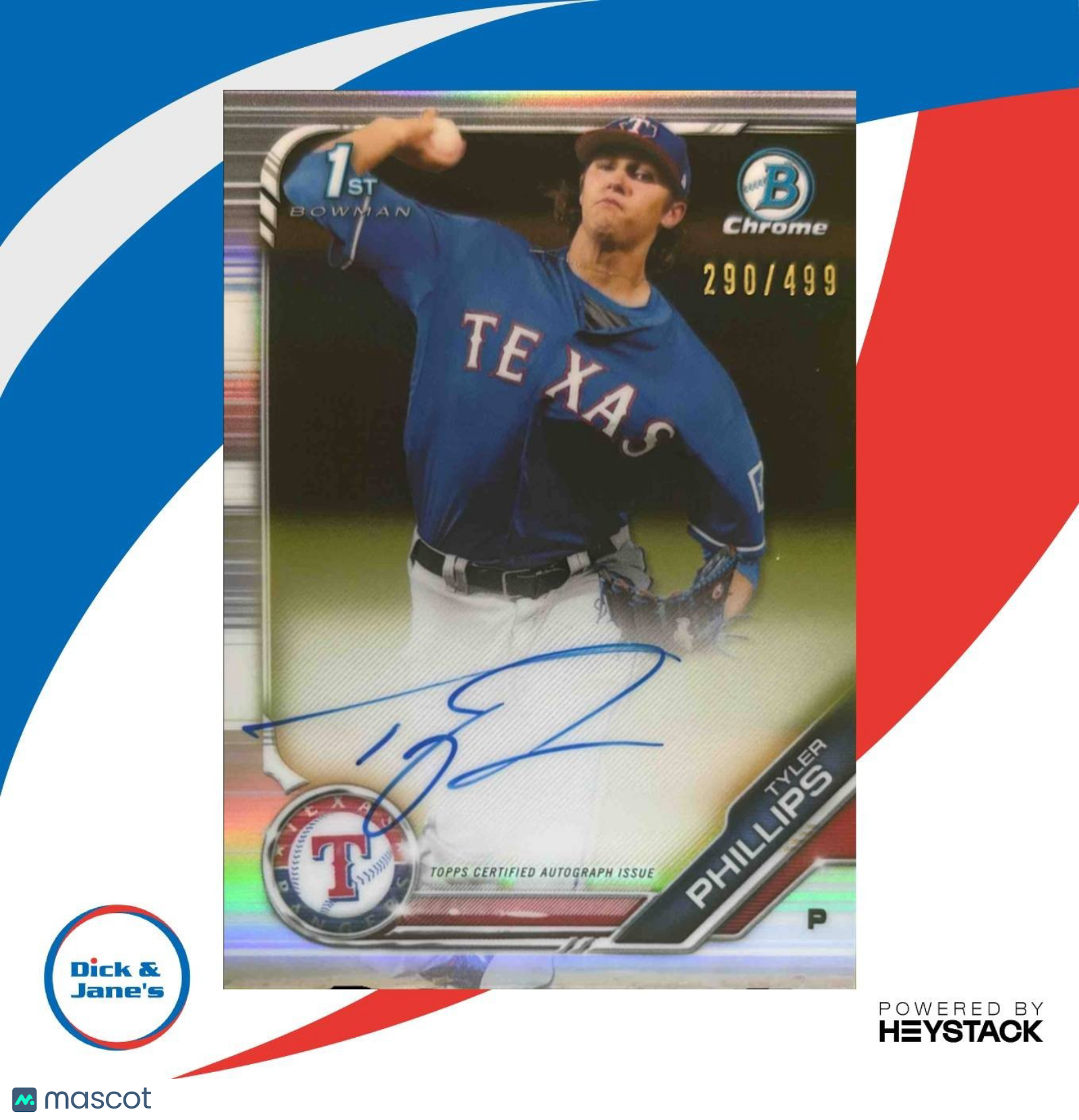 2019 Bowman Chrome Tyler Phillips Prospects Auto Refractor /499 Texas Rangers - Sports Cards