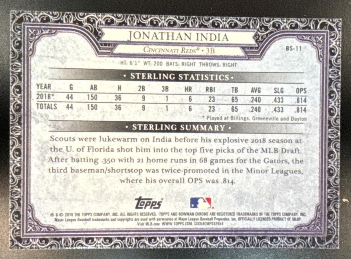 2019 Bowman Jonathan India Sterling Continuity Chrome #BS-11 Cincinnati Reds - Sports Cards