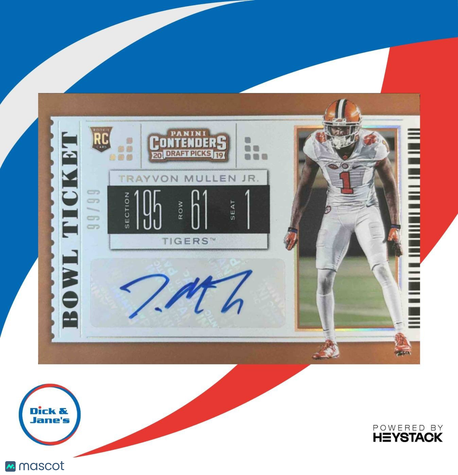 2019 Contenders College Trayvon Mullen Jr. Bowl Ticket /99 #225 RC Auto Clemson - Sports Cards