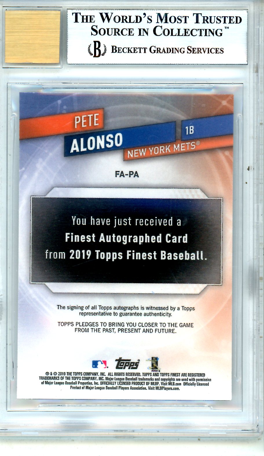 2019 Finest Autographs Blue Refractors Pete Alonso 063/150 Rookie BGS 9 AUTO 10 - Graded Sports Cards