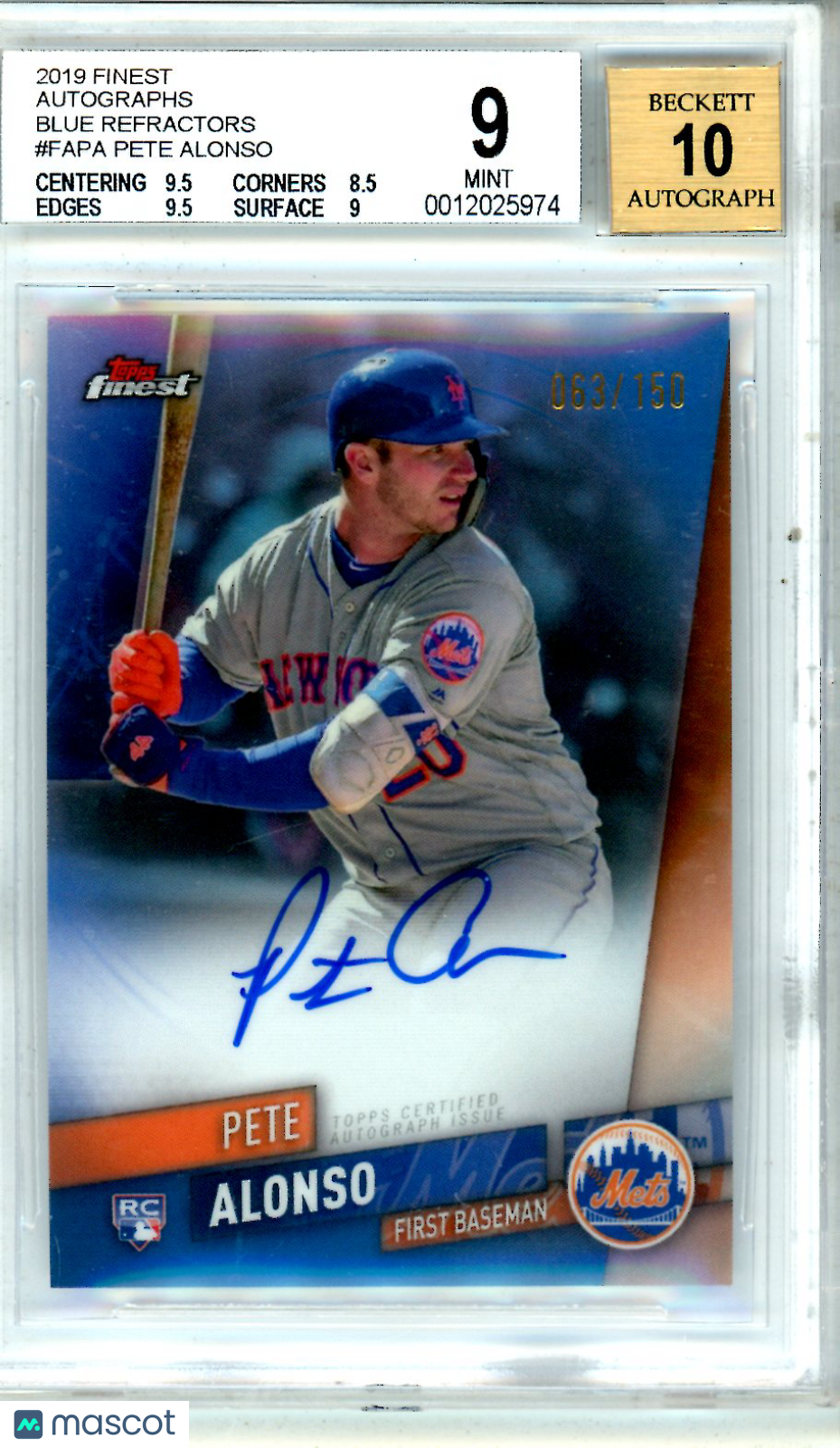 2019 Finest Autographs Blue Refractors Pete Alonso 063/150 Rookie BGS 9 AUTO 10 - Graded Sports Cards
