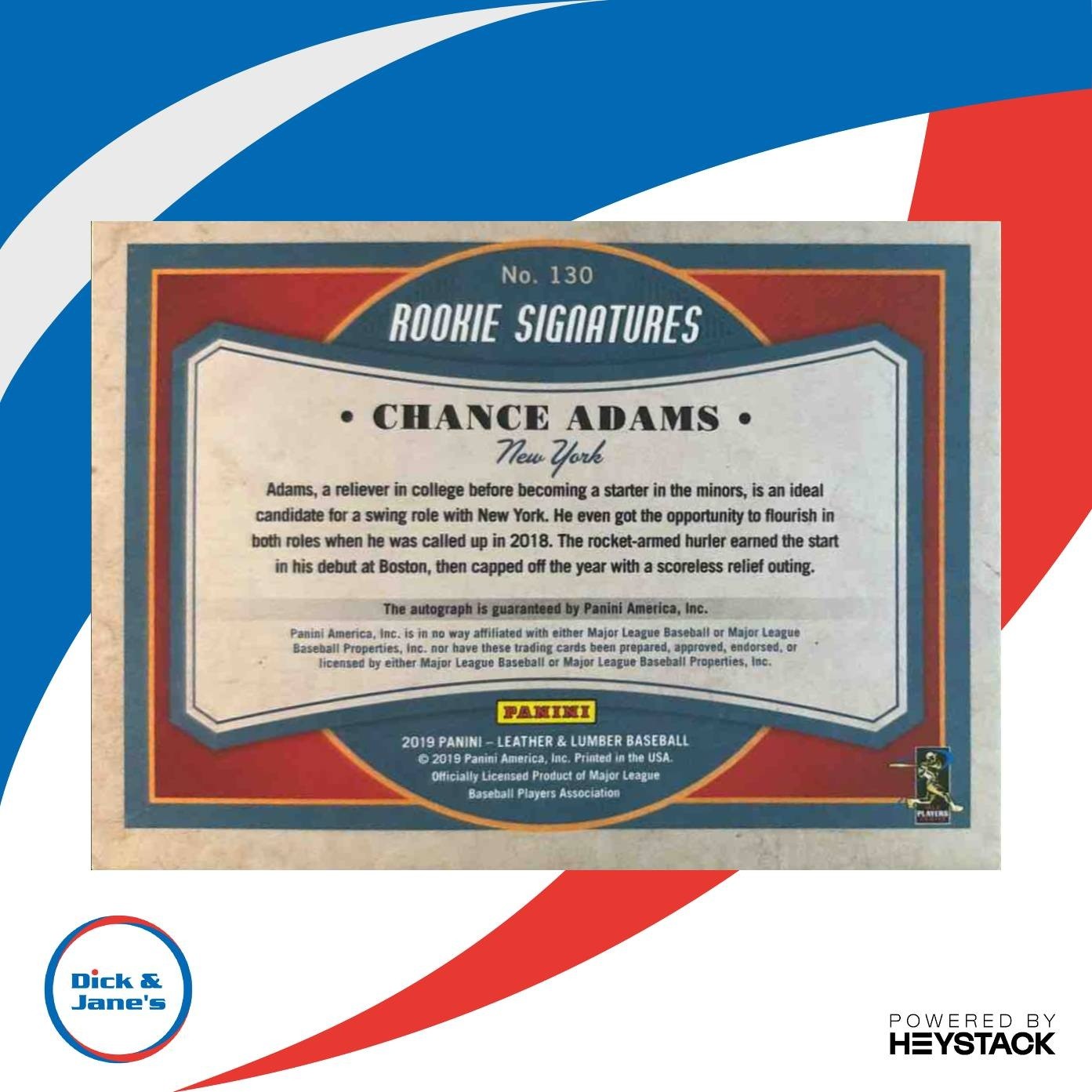 2019 Leather & Lumber Chance Adams Rookie Signatures /149 #130 RC Auto Yankees - Sports Cards