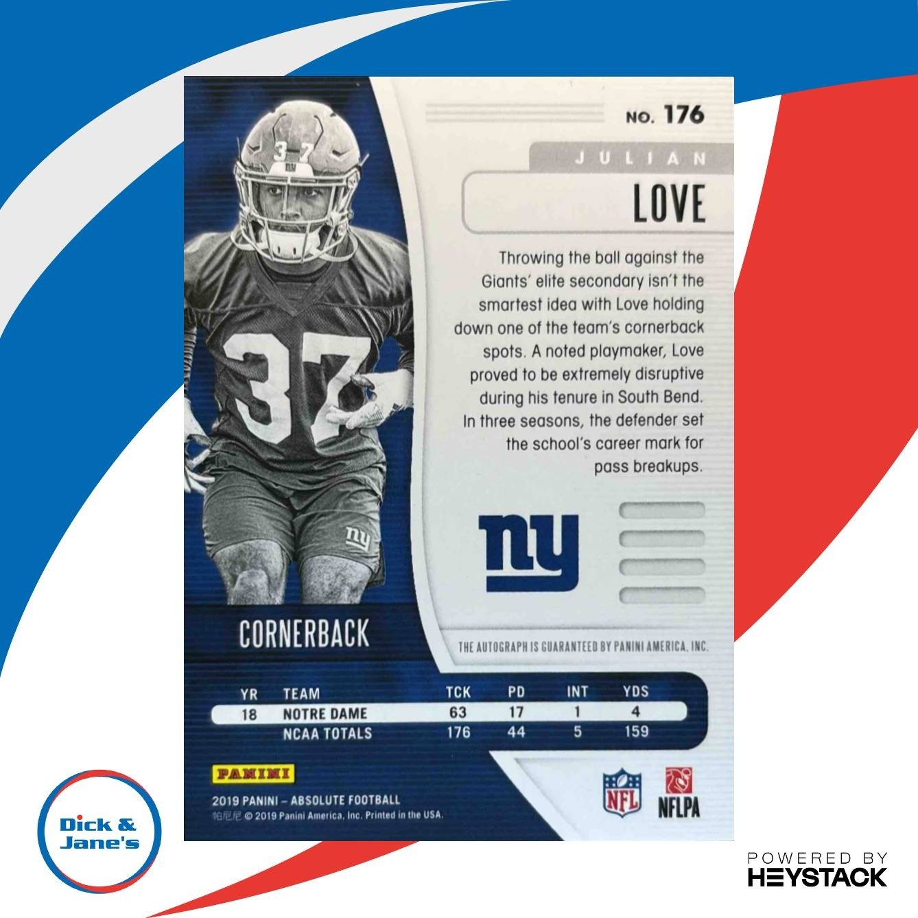 2019 Panini Absolute Julian Love Signature Rookies #176 RC Auto New York Giants - Sports Cards